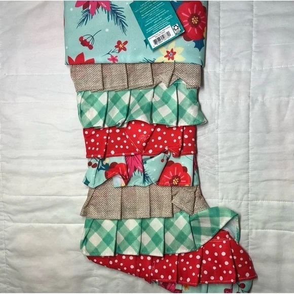 The Pioneer Woman Teal Retro Holiday Floral Ruffle Christmas Stocking - Picture 1 of 4